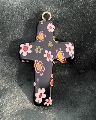 Vintage Murano Glass Small Black Millefiori Cross Pendant • $16