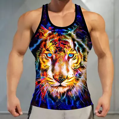 Tank Top Men's Sport Vest Colorful Tiger Head Muscle Sleeveless Athletic T Shirt • $19.86