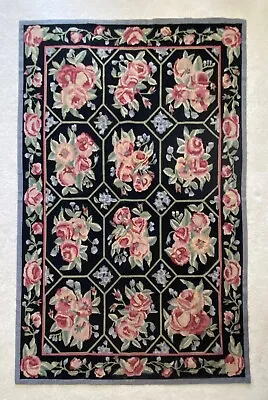 $350 • Buy Vintage Needlepoint French Aubusson Rug Pink Roses Floral Black 4x6 EUC