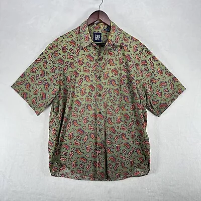 Vintage GAP Shirt Mens Medium Green Paisley Button Up Short Sleeve 90s Faded • $24