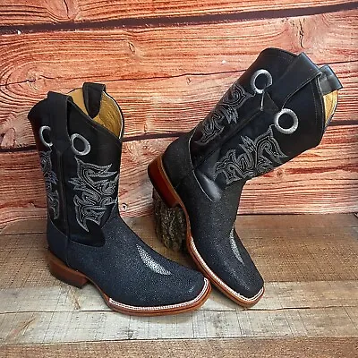 Mens Stingray Cowboy Boots Print Leather Black Square Toe Bota Mantarraya Negra • $135.29