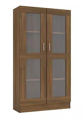 Vitrine Cabinet Brown Oak Cupboard Tall Display Storage Unit Glass Doors Shelves • £127.99