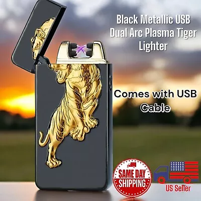 USB Black Metal Tiger Rechargeable Lighter Windproof Dual Arc Flame  • $12.99