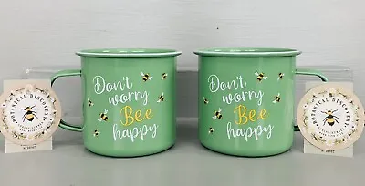Set 2 Honey Bees Enamel Mugs Garden Outdoor Camping Travel Tin Rustic Metal Cups • £12.99