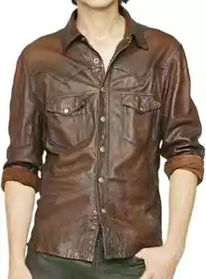 Men's Leather Shirt Real Lambskin Basic Vintage Brown Soft Jacket Biker Slim Fit • $118.99