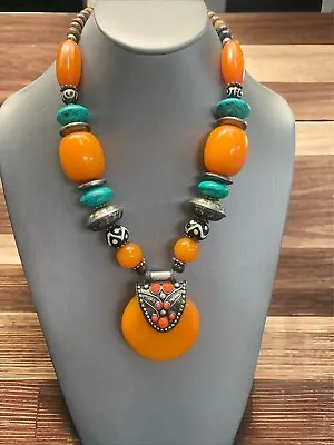 Vintage Earthy Boho Chunky  Turquoise Faux Carnelian Wood Beaded  Necklace 20” • $26.50