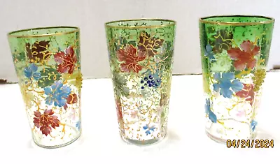 Antique Moser 3Tumblers Juice Glass Grape & Leaves Gold Enamel 3 & 7/8 In Signed • $129.95