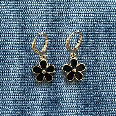 Gold Huggie Hoop Earrings With Black Flower Charm • £3