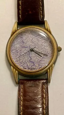 Mens Vintage Fossil Watch With Map Face And Leather Band • $20