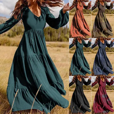 ZANZEA Women Puff Sleeve V-Neck Patchwork Kaftan Dresses Long Maxi Plus Size • $18.39