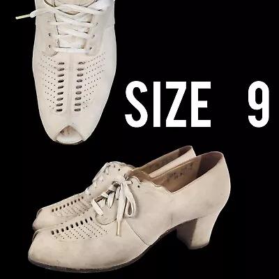 Vtg 40s Heels Shoes 9 AA WW2 Vtg Lace Up Peep Toe White Leather Cut Out Deco • $248.35