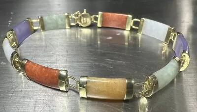 Vintage 14K Solid Yellow Gold Bright MultiColor Rectangular Jade Bracelet 7.25  • $40