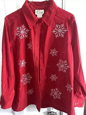 Quacker Factory Women’s Red Button Up Shirt With Snowflakes • $15