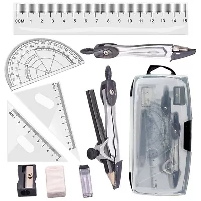 Geometry Compass Set 10pcs School Maths Protractor Set Rulers For Student Maths • £11.16