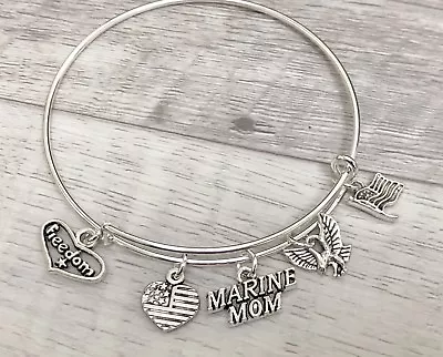 Marine Mom Military Freedom Flag Eagle Silver Charms Expandable Bangle Bracelet  • $4.75