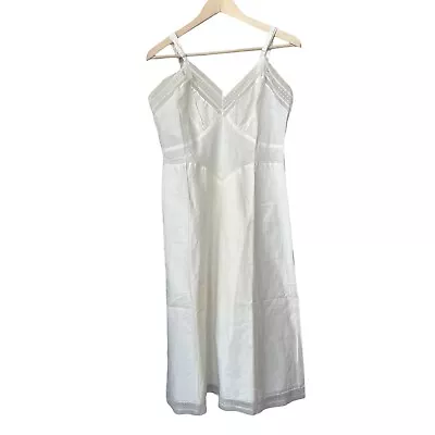 Vtg Deena Lingerie Lace Trim Slip Dress Gown Ivory Off White Sheer Cotton 36 • $24