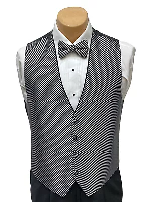 Men's Black & Silver Striped Tuxedo Vest With Tie Bow Or Long Groom Prom Wedding • $12