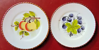 2 Vntg Macbeth Evans Petalware Milkglass 8  Salad Plates Gold Trim Peach Berries • $10