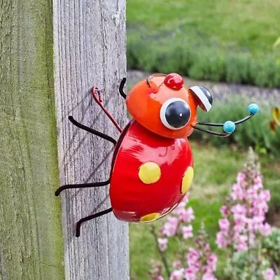 Large Steel Ladybug Ornament Wall Mounted Garden Decoration Red Hand Painted Art • £9.49