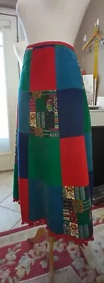 Vintage Patchwork Skirt Handmade Cordury Velvet Wool Bright Festival XL XXL? • $61.90