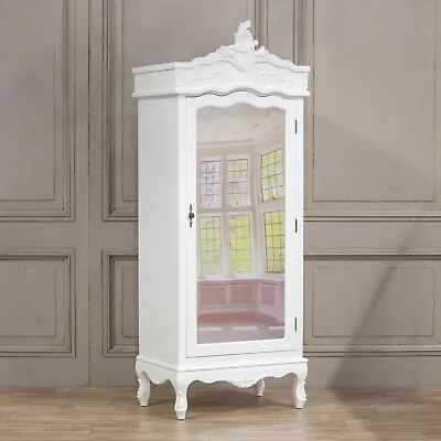 French Style Hardwood Carved White Single Door Full Mirrored Armoire Wardrobe • £619.99