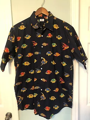 Maus & Hoffman Mens Button Up Shirt Short Sleeve Fish Tropical Navy Size Large • $34.99