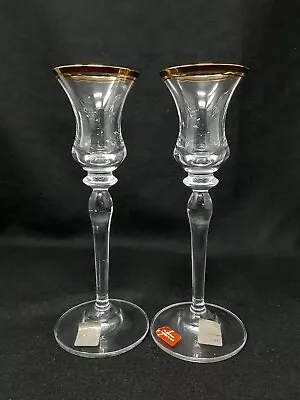 2 Mikasa JAMESTOWN Crystal Candlesticks Tapered Candle Holders Gold Rim 7 3/4 • $29