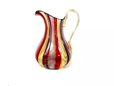 Murano Italian Latticino Art Glass Hand Blown Pitcher Creamer Red Yellow Purple • $149.99