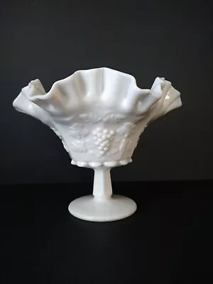 Westmoreland Milk Glass Paneled Grape Pattern Pedestal Bowl Ruffled Rim • $38
