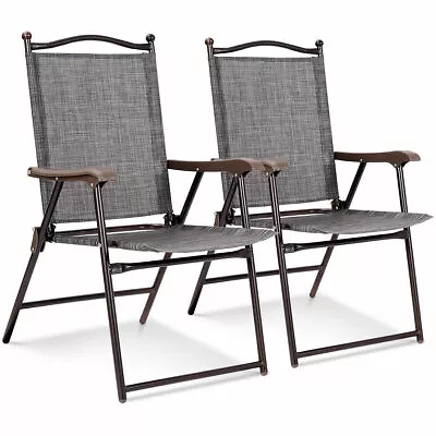 Set Of 2 Patio Folding Sling Back Chairs Camping Deck Garden Pool Beach Gray • $79.95
