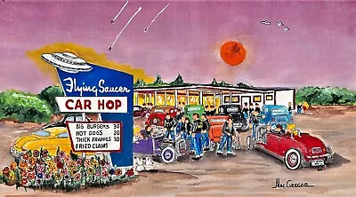 Flying Saucer Car Hop Art Print Worcester MA Roadside Diner 1950s Wall Decor Ufo • $329