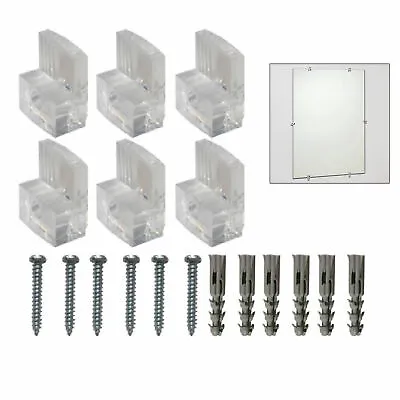 6 Transparent Mirror Wall Mounting Kit Set Clear Clips Brackets Screws Anchors • $9.49