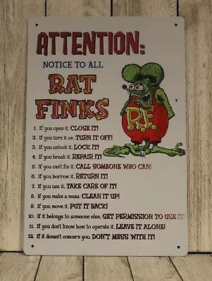 Rat Fink Rules Tin Metal Sign Poster Vintage Look Hot Rod Racing Man Cave Garage • $10.97