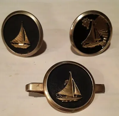 Vtg 1950s Yacht SailBoat Ship Moder Est Goldplate On Black Cufflinks W Tie Bar • $39.95