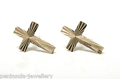 9ct Gold Small Cross Stud Earrings Diamond Cut Made In UK Gift Boxed  • £29.99