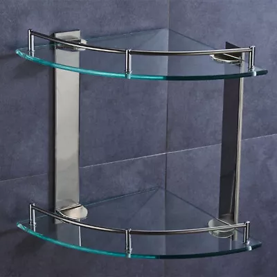 Clear Glass Corner Shelf 2 Layer Wall Mounted Storage Rack Shower Caddy Bathroom • £11.94