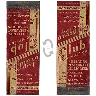 Vintage Matchbook Cover Club Chippewa Bowling Alley Pool 1940s Mt Pleasant MI • $12.74