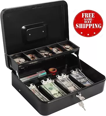 Large Cash Box With Money Tray And Lock Metal Money Box For Cash Lockbox 11.8 • $43.99