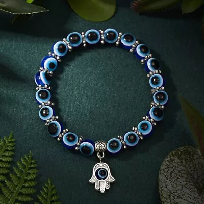 Turkish Hamsa 8mm Bead Protection Good Luck Bracelet Blue Evil Eye Jewelry Gift • $2.33