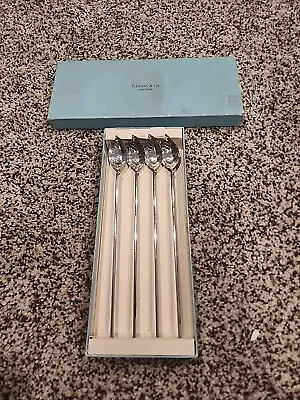 Tiffany & Co Leaf Mint Julep Iced Tea Spoons Straw Rare Set Of 4 Silver Gift Art • $400
