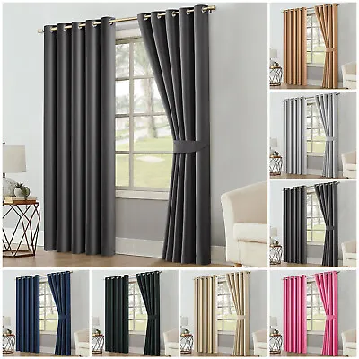 £43.99 • Buy Thick Thermal Blackout Ready Made Eyelet Ring Top Pair Curtains Panel +Tie Backs