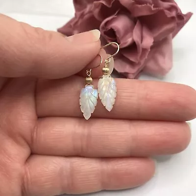 14K Gold Natural Moonstone Leaf Feather Briolette Dangle Earrings GORGEOUS • $89.99