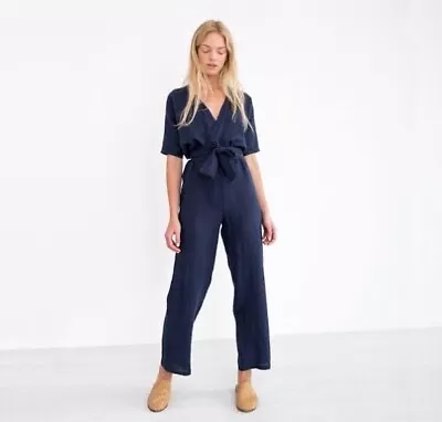 Love And Confuse Navy Aurora Short Sleeve Wrap Top Jumpsuit Size M 100% Linen • $74.90