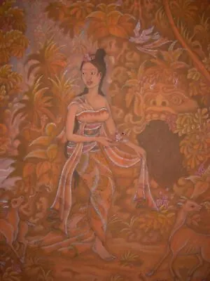UBUD Bali Indonesian Painting Hindu Temple Has Maiden  Jungle Scene • $495