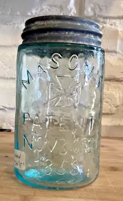 Rare HFJ Co Hero Cross Mason Blue Pint Jar Patent 11/30/1858 W Crooked Lettering • $75