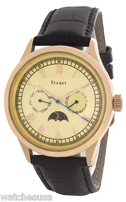 Stauer Mens Yellow Dial Black Leather Strap Quartz Multifunction Watch 20787 • £140.56