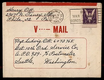 MayfairStamps US 1943 Pennsylvania Philadelphia To APO 939 V-Mail Cover Aaj_3392 • $1