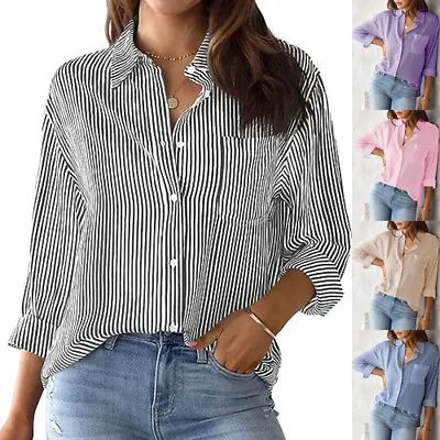 Ladies Women Stripes Blouse Casual Loose Long Sleeve Buttons Top Shirts Tee SIZE • £15.58