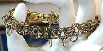 Vintage Monet Gold Tone Double Link Fold Over Clasp Charm Bracelet • $20.24