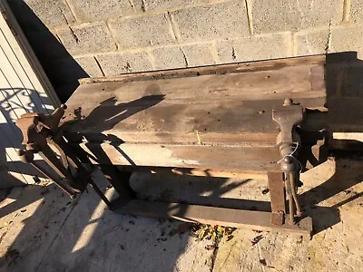 £565 • Buy Vintage Cast Iron And Wooden Work Bench With Two Leg Vices